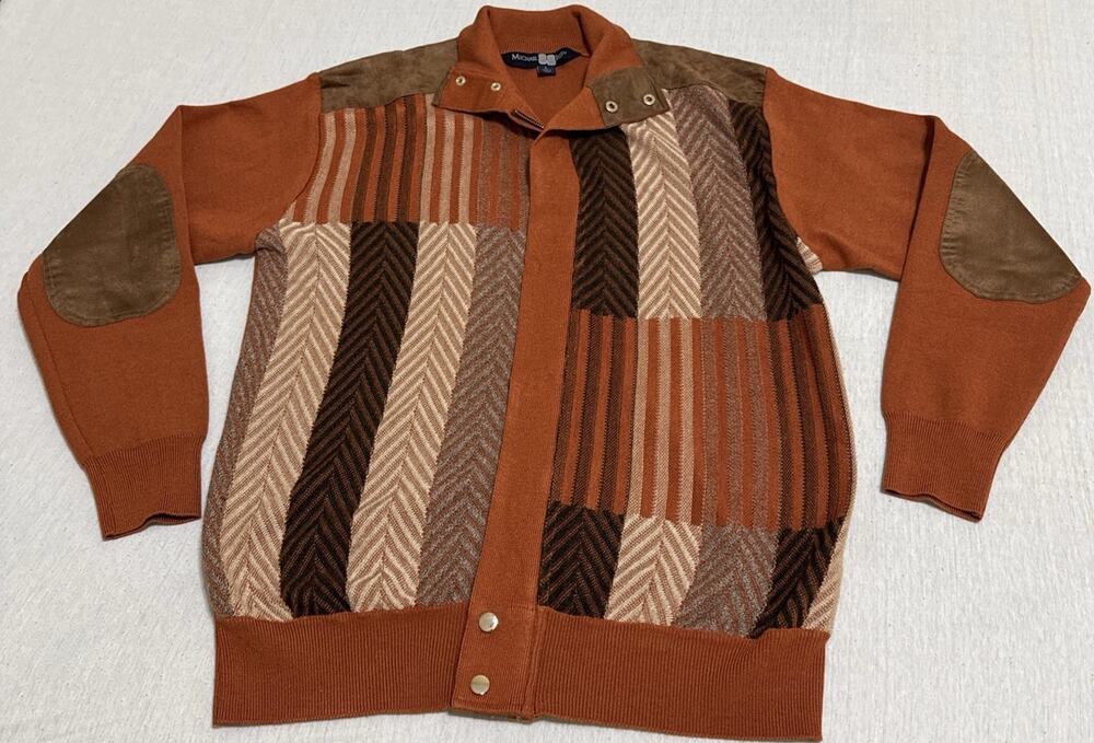Michael Irvine 88 Cardigan Full Zip Large Orange Brown Leather Elbow Patch EUC